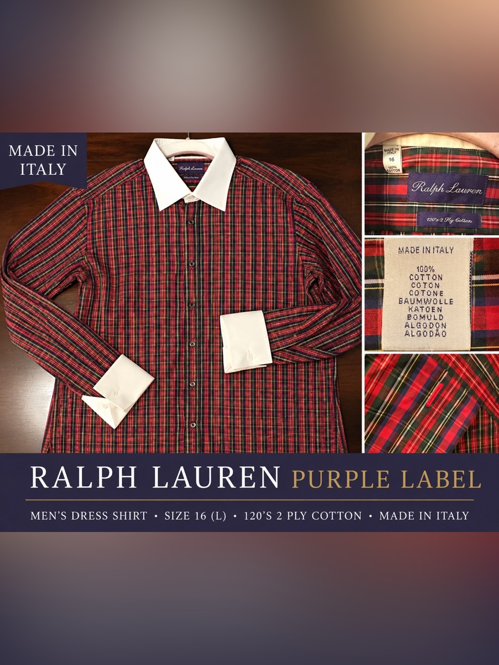 Ralph Lauren Purple Label Made in Italy Tartan Dress Shirt 16 Luxury Men’s
